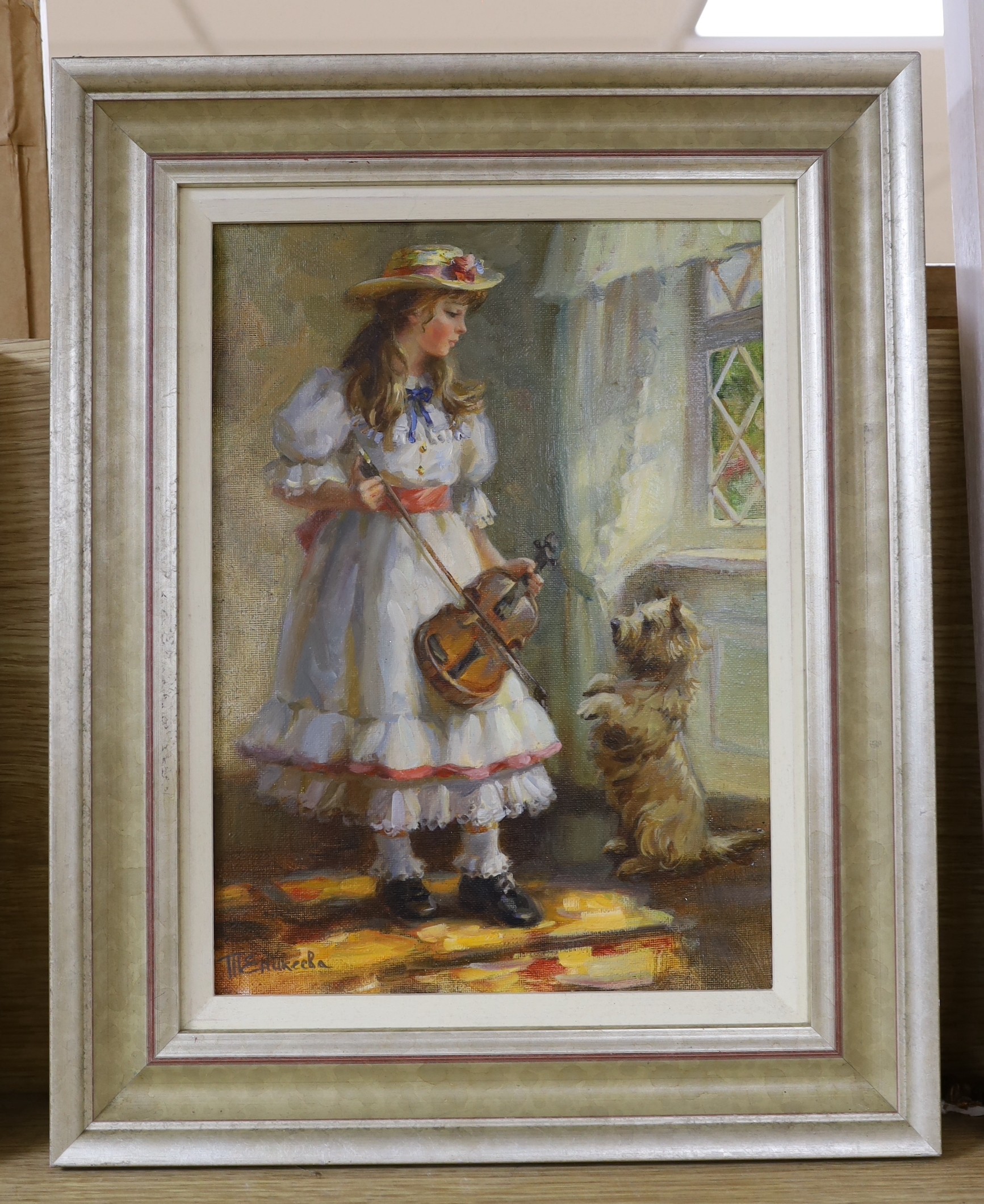 T. Erukecha, oil on canvas, Girl violinist and terrier, signed and inscribed verso, 32 x 23cm